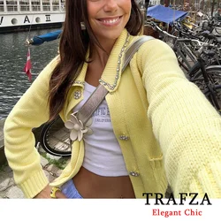 TRAFZA Elegant Casual Plain Knit Cardigan Women's Sweet Shirt with Rhinestones New 2024 Spring Fasion Yellow Cardigan