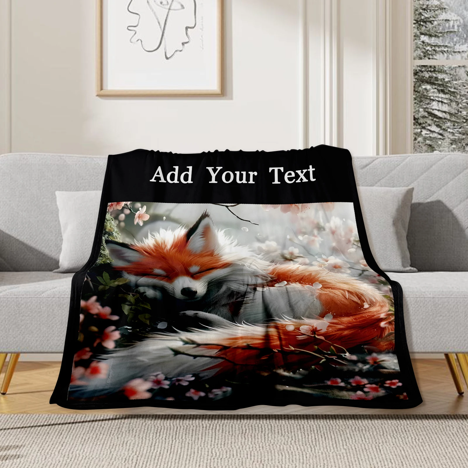 

Spirit Fox Text Print Customised Blanket Romantic Fox and Cherry Blossom Tree Special Gift for Girls Sofa Bedroom Available