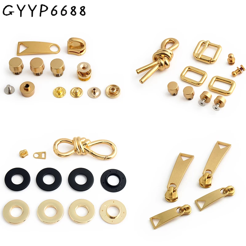 

1/4/10Sets Satin Gold Zipper Sliders For Handbag Purse Bags Eyelet Connect Hook Screwback Rivets Roller Pin Buckles Accessories
