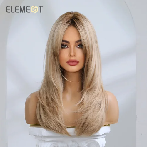 Imagen 2 del producto Pelucas de fibra sintética Element para mujer, peluca larga recta ondulada marrón rubia con flequillo, resistente al calor, moda Natural para fiesta diaria