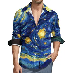 Autumn Oil Painting Blouses Mens Van Gogh Starry Night Graphic Shirt Button Lapel Long Sleeve Cool Fashion Casual Shirts Tops