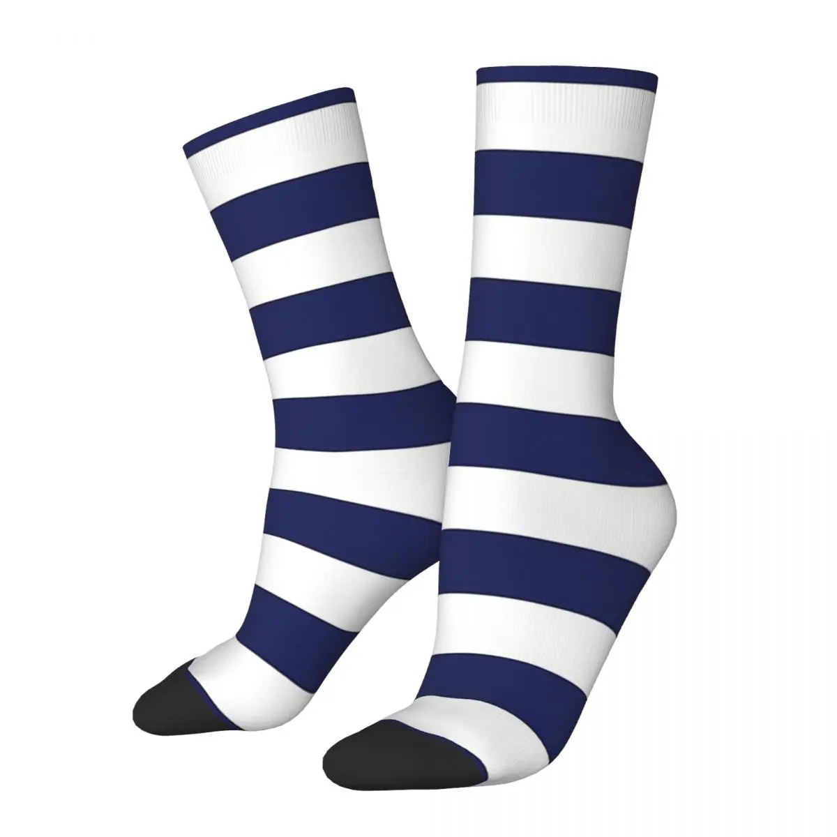 Navy Blue And White Stripes Gloden White Navy Blue Geometric Unisex Winter Socks Cycling Happy Socks Street Style Crazy Sock