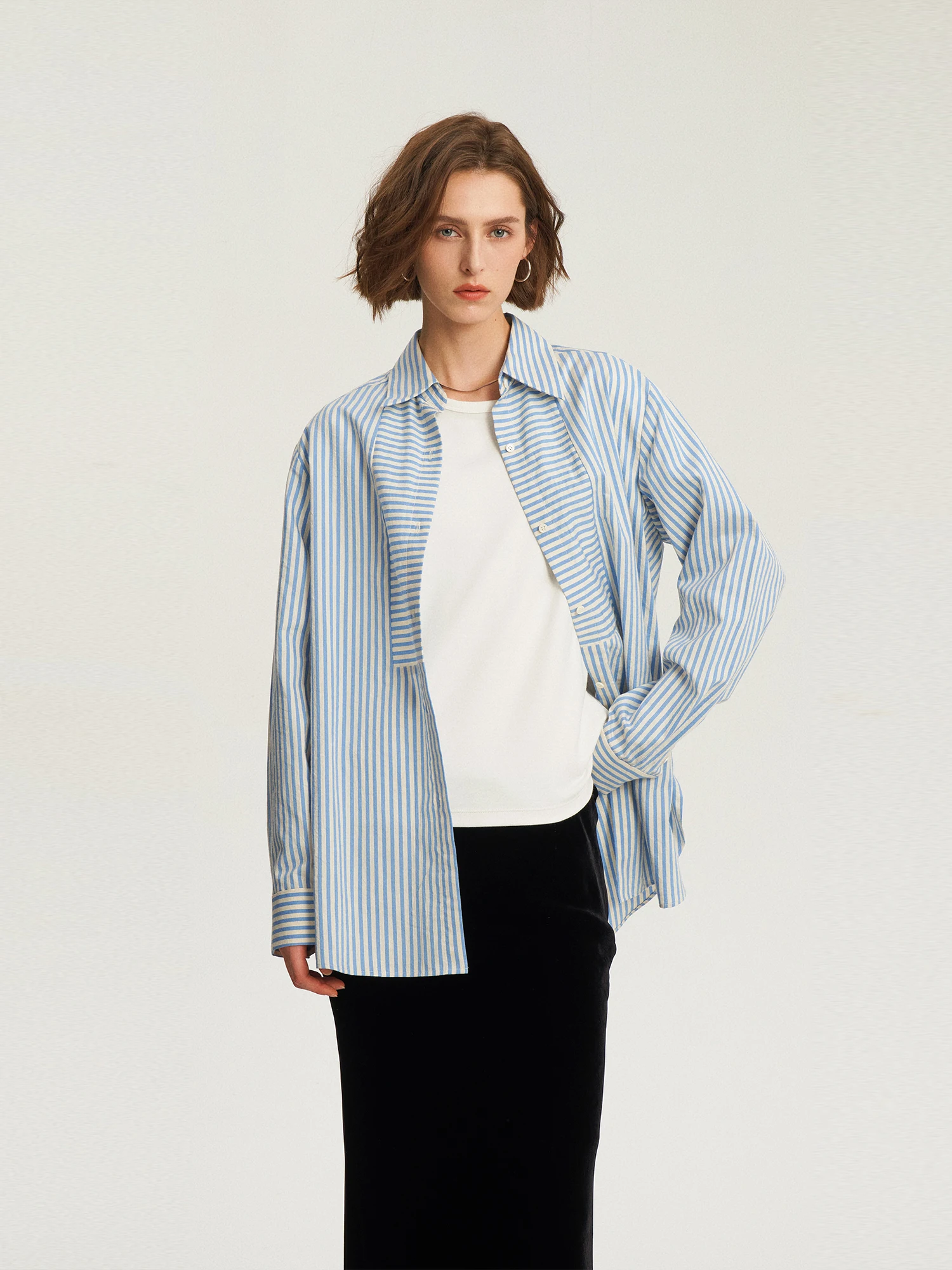 

Женская блузка из смесового шелка в полоску с цветовыми блоками, хлопок-шелк, длинный рукав, свободный крой, деловой повседневный стиль, осенний топ