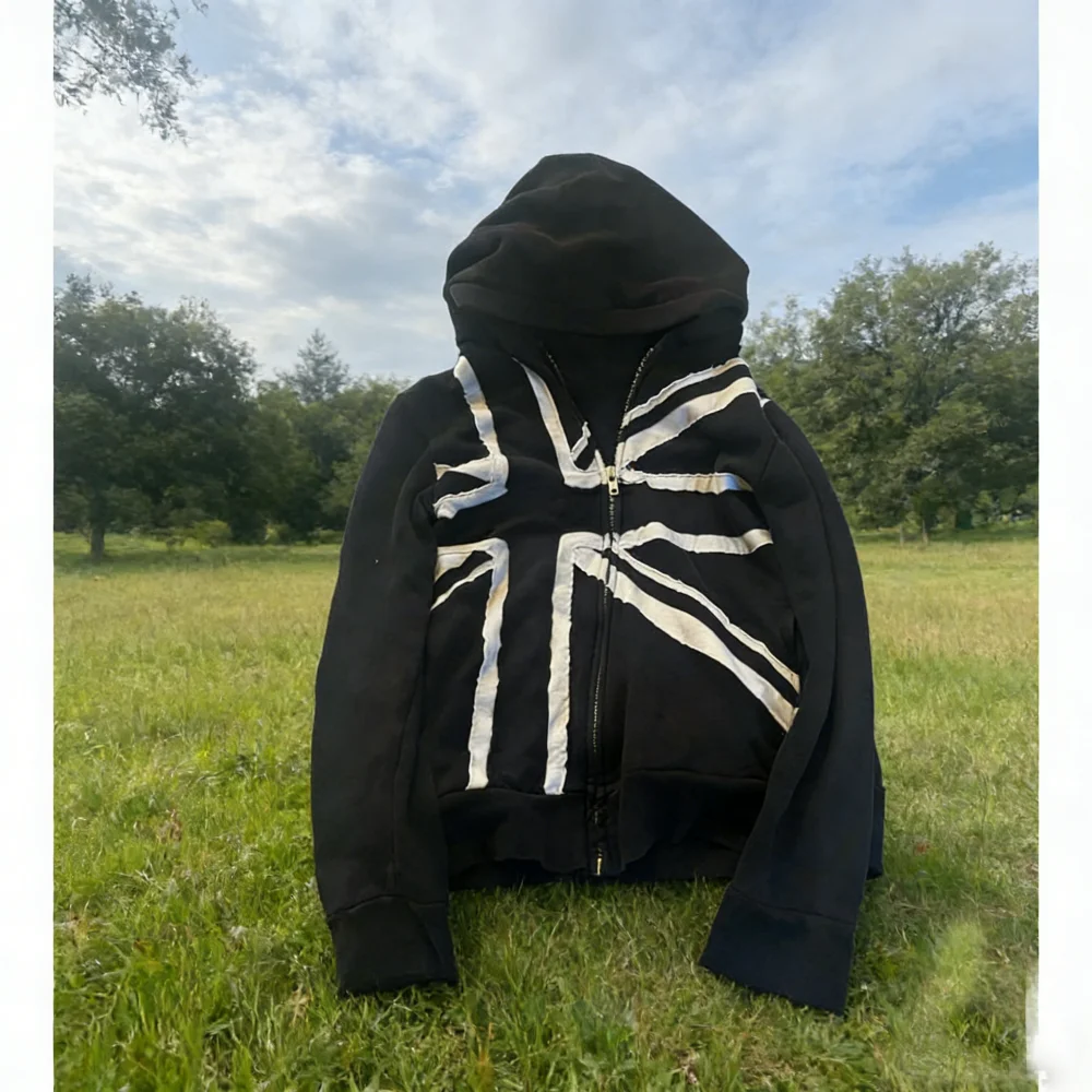 Novo estilo punk americano de rua, moletom com capuz e zíper, manga longa, tecido estampado, estilo Y2K, roupa punk escura para o dia a dia.