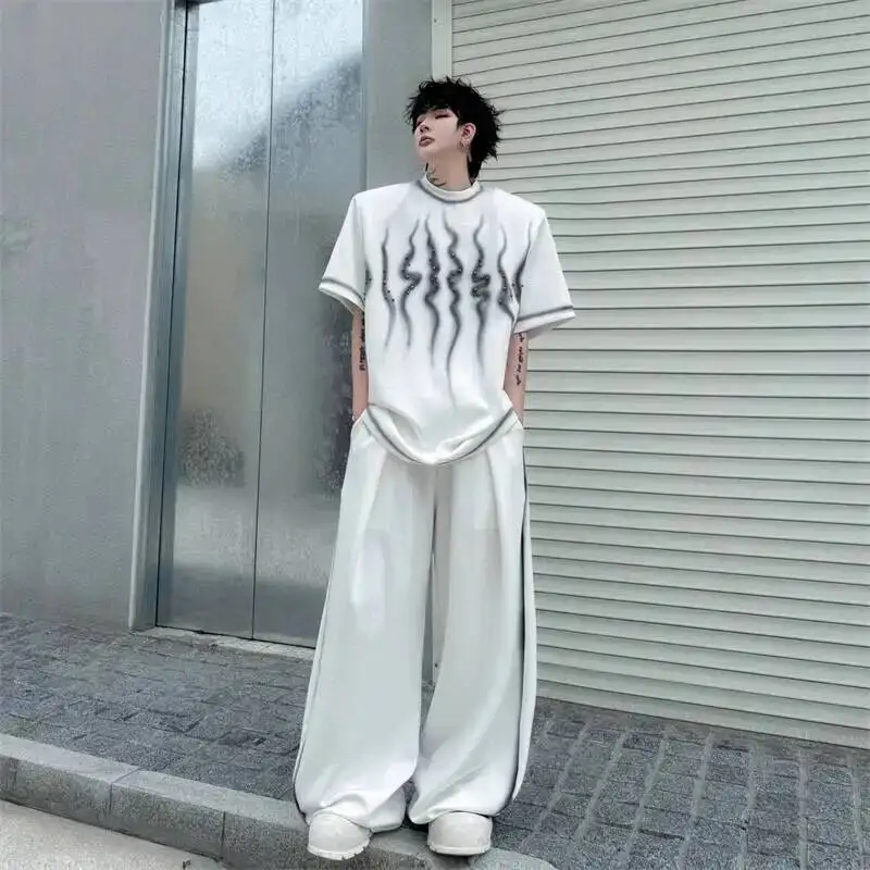 Piece Men's Two Set Summer New Loose Casual Flame Print Spray Washed Short Sleeve T-shirt And Outfit Wide Leg Pants GWXN view 5
