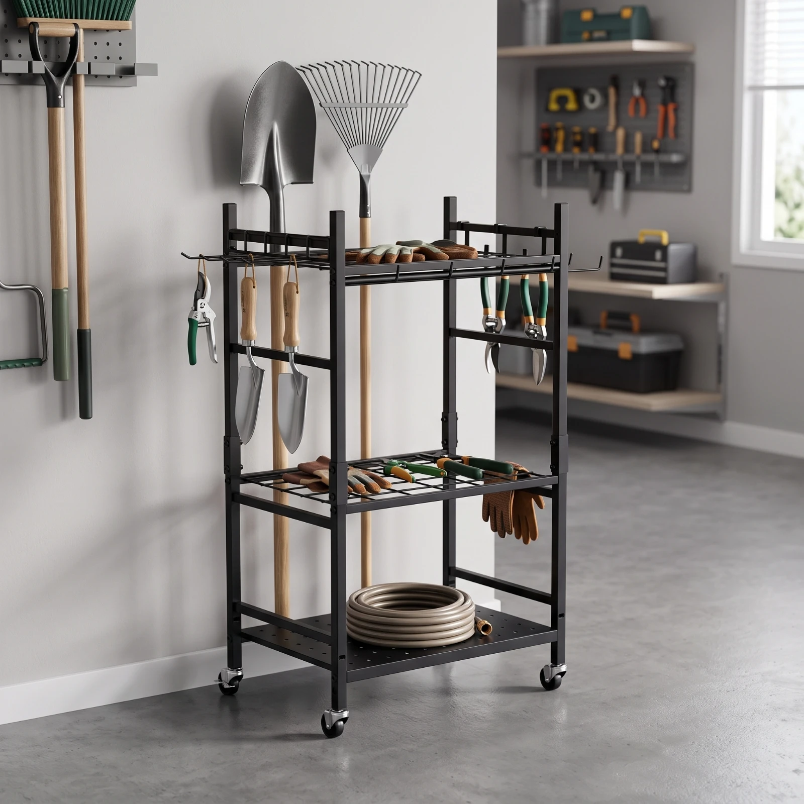 Garden Tool Organizer with Wheels 3-Tier Yard Tool Rack with Wheels Floor-Standing Mobile for Gardeners, Garage