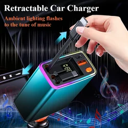 Hipacool Fast Charging Car Charger with Retractable Multi-Device Cable Ambient Lighting USB/Type-C for iPhone 16 Samsung Laptop