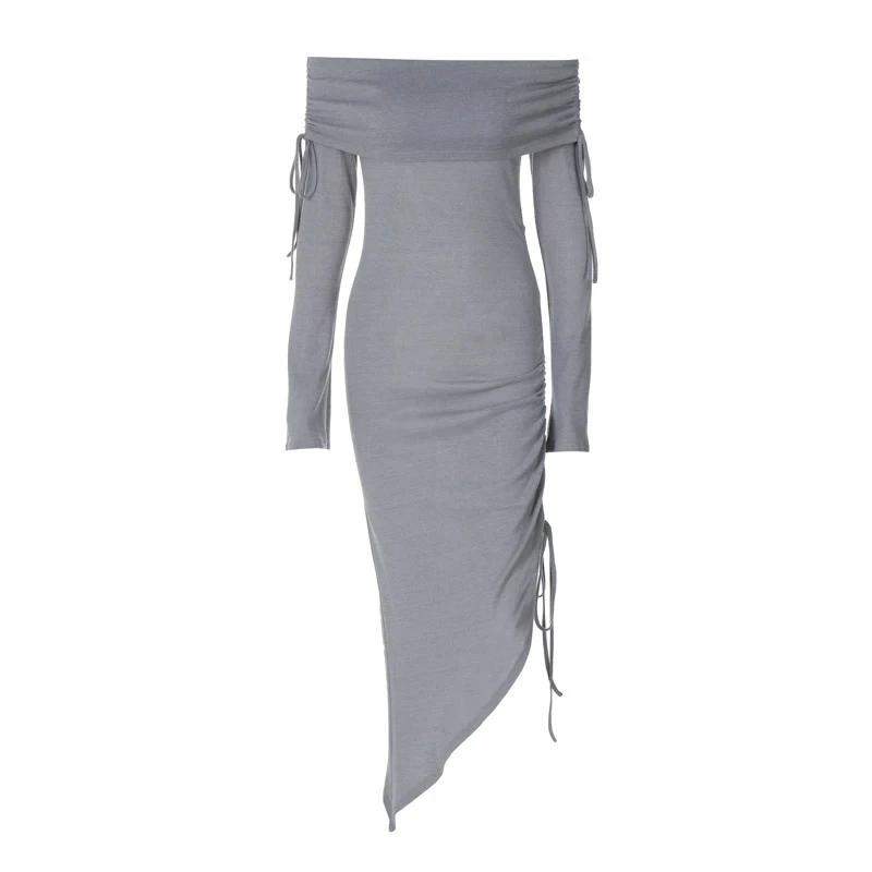 

OMSJ Women Gray Slash Neck Off-shoulder Asymmetric Full Sleeve Sexy Drawstring Pleated Mid Length Sheath Dress Casual Streetwear