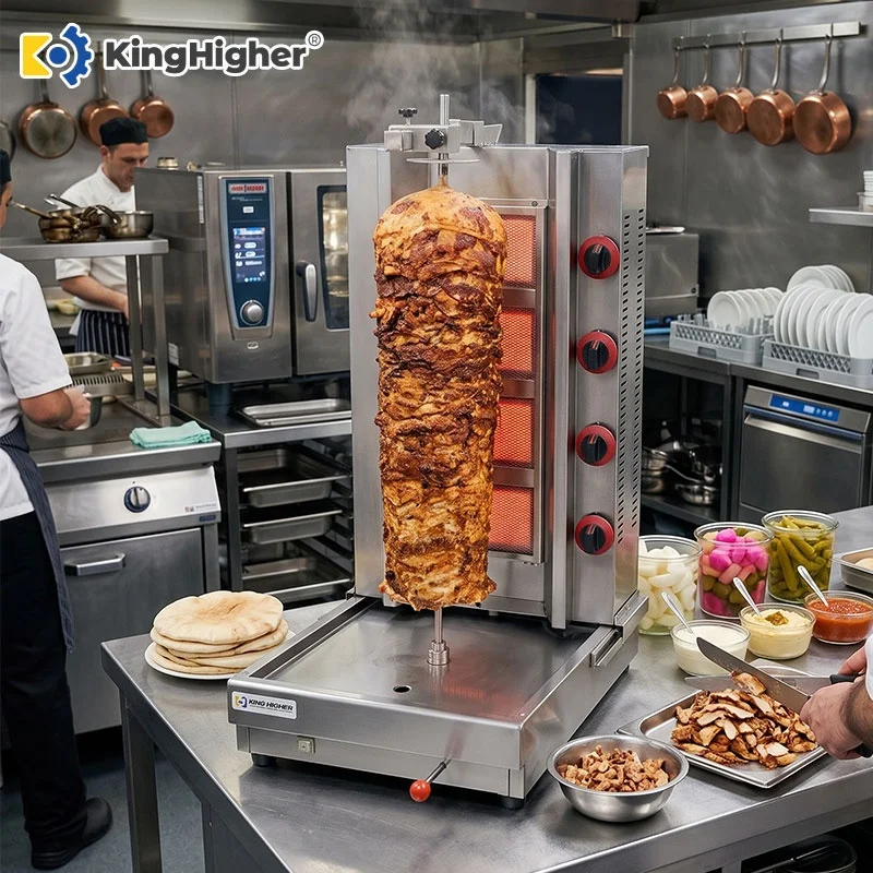Commercial Gas Shawarma Machine 4 Burner Auto Rotating Stainless Steel Gyro Doner Kebab Chicken Meat Grill for Restaurant Pro