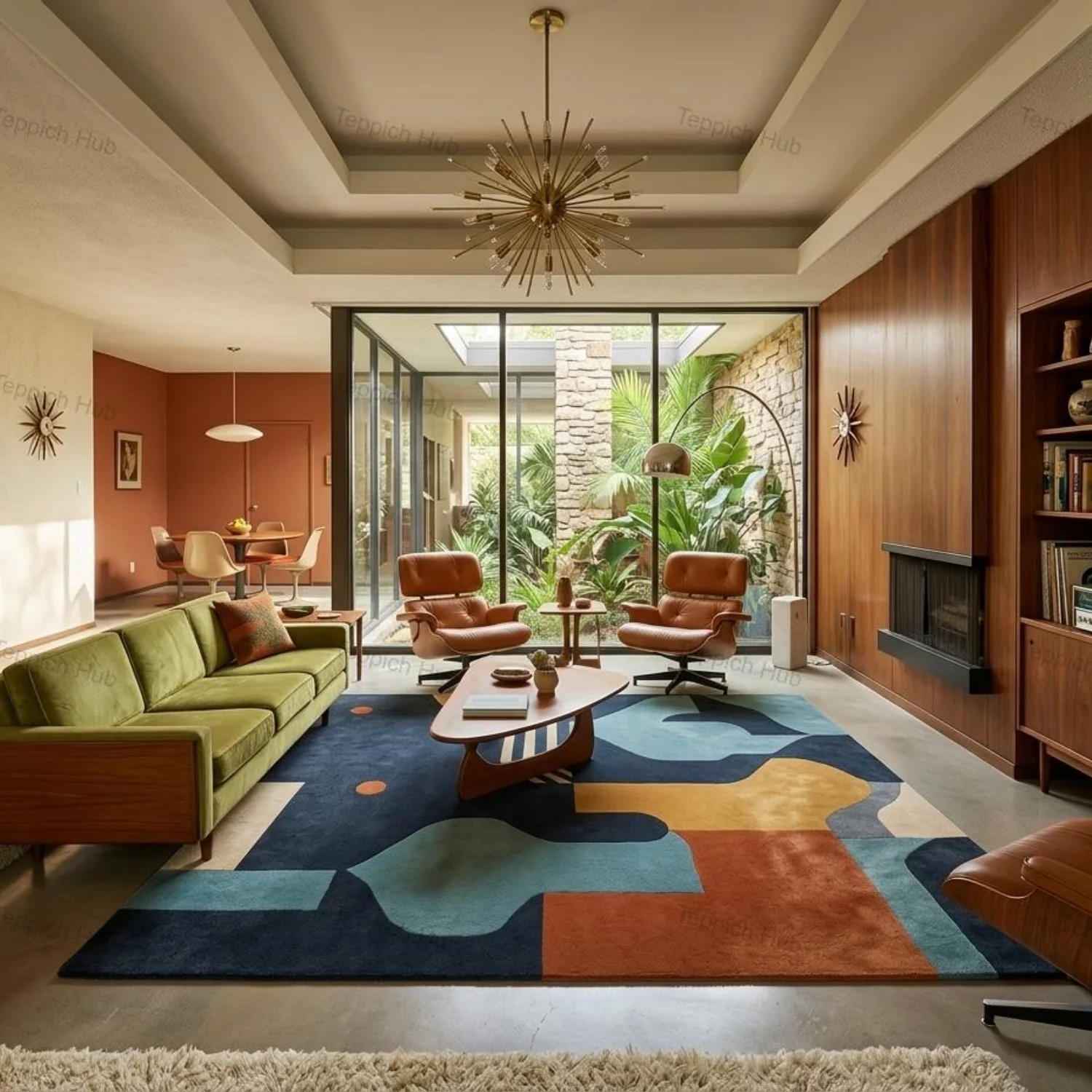 Room Decor Rug  Mid Century Modern Design Navy Teal Yellow Abstract Art H1and Tufted Wool Rug  9x12 Geometric Rug for Living Room, Bedroom