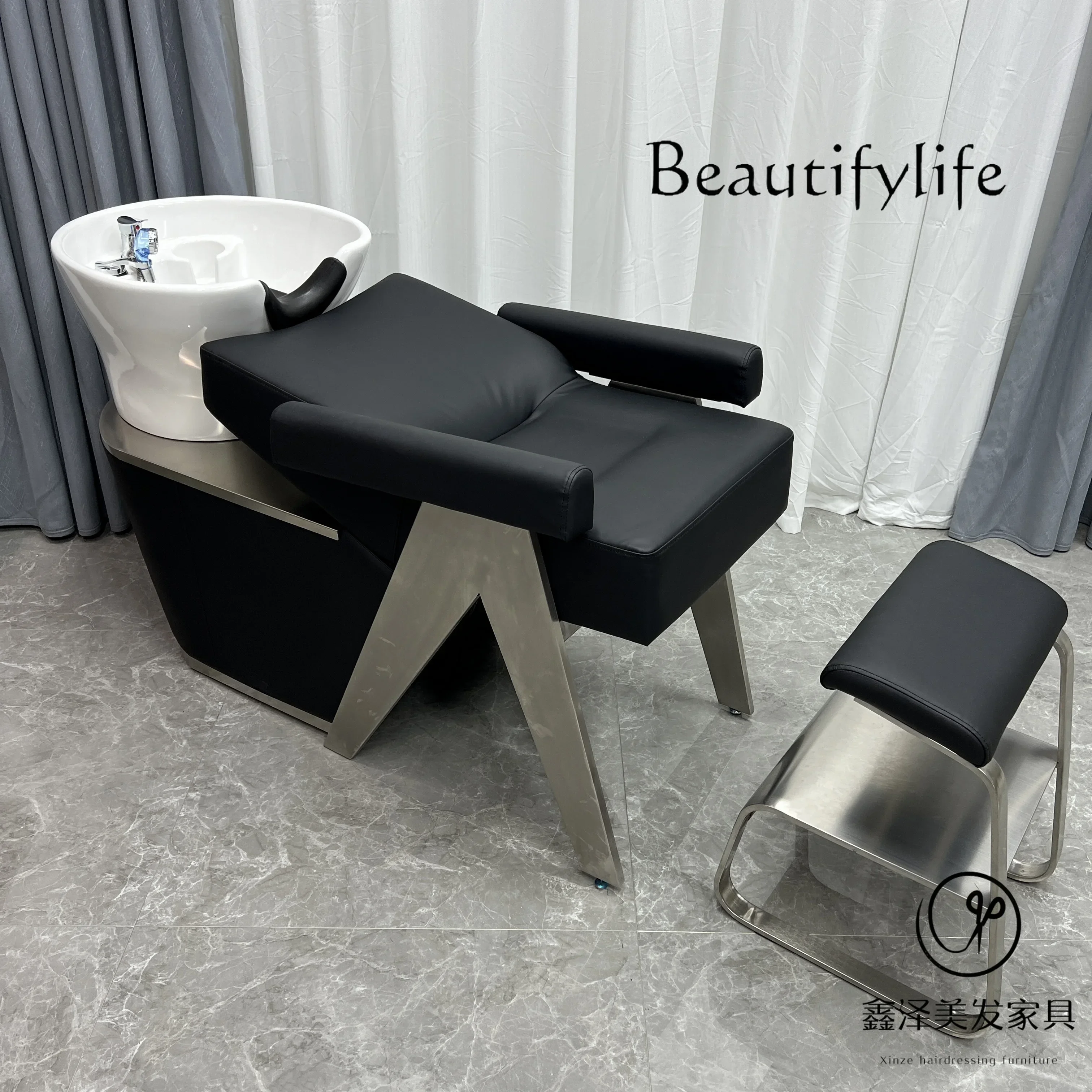 Q Light luxury shampoo bed Barber shop Hair salon Hair salon Semi-reclining high-grade flushing bed Ceramic basin with light
