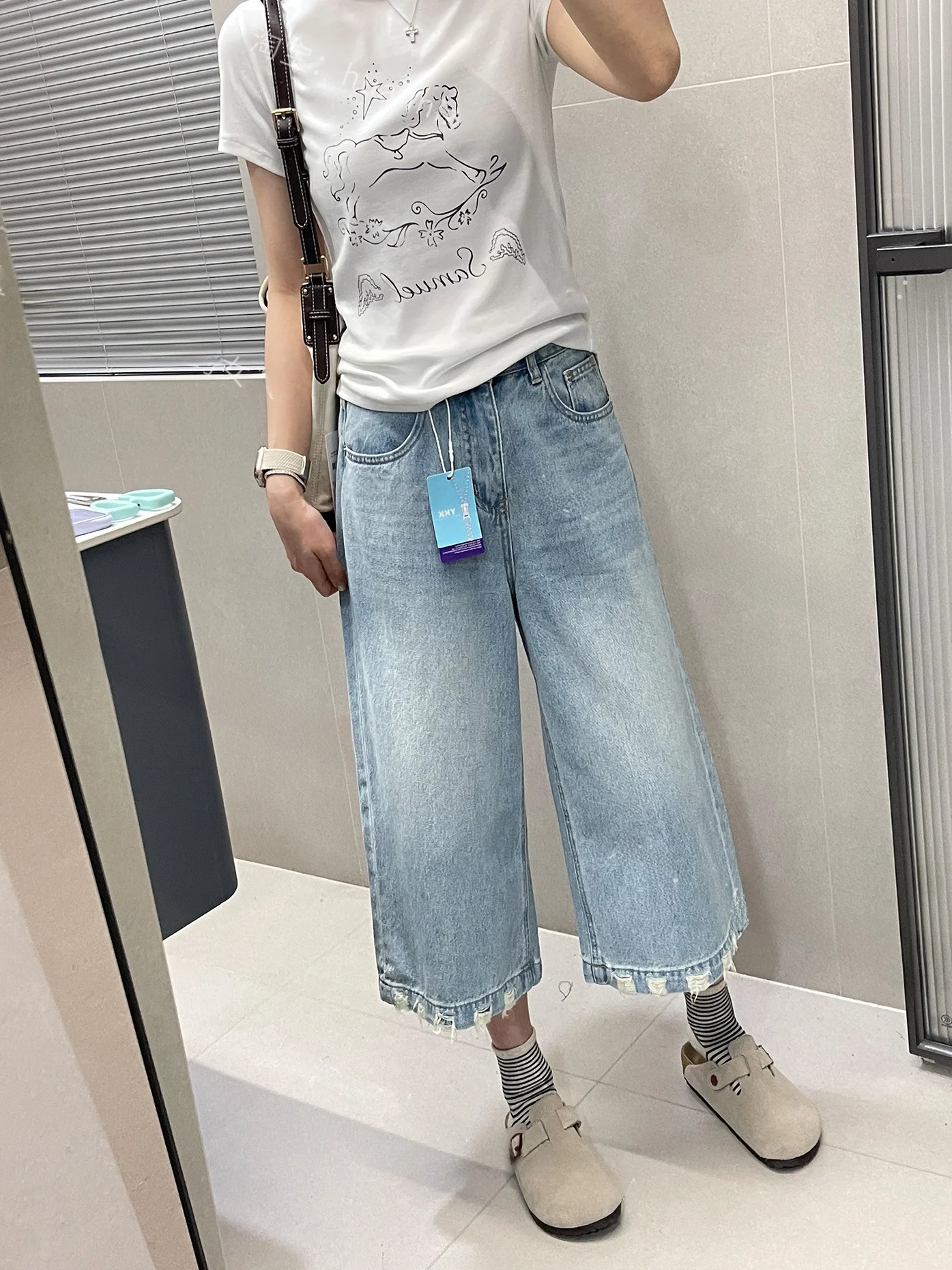 Retro American Blue Denim Jeans Women's High Street Style Seven-Foot Cuffed Casual Straight Leg Torn Summer Jeans