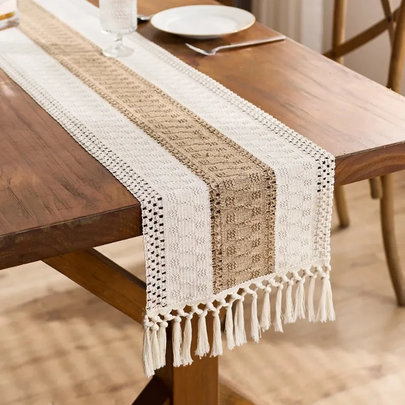 11.8*118in Boho Table Runner for Home Decor Macrame Cream Brown Farmhouse Table Runner with Tassels for Bohemian Dining Bedroom