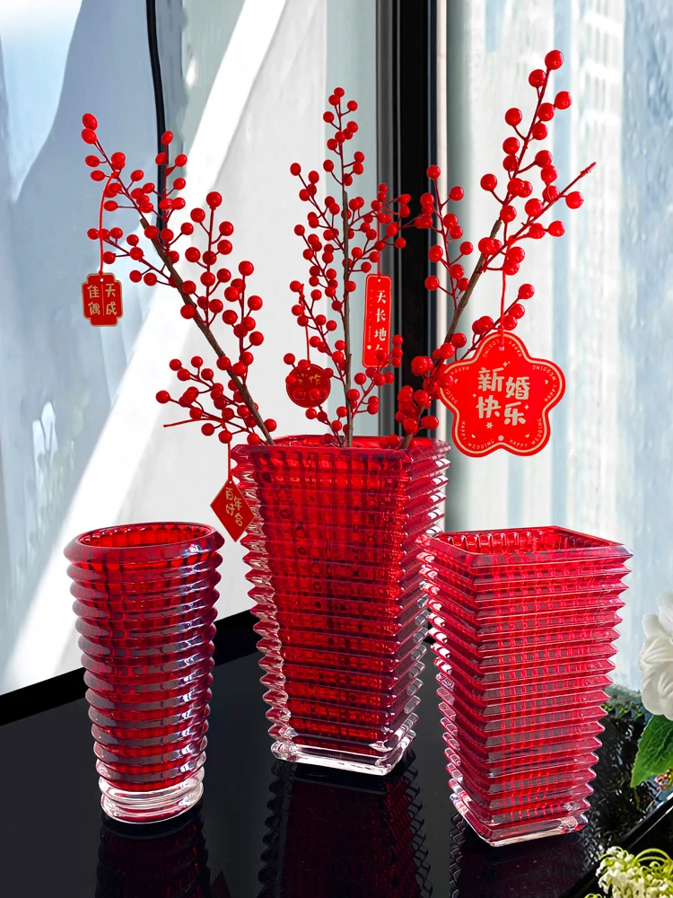 

Red Crystal Glass Flower Vase Pot, Home Decor Crafts, Sculpture, Living Room, Dining Table, Fashion