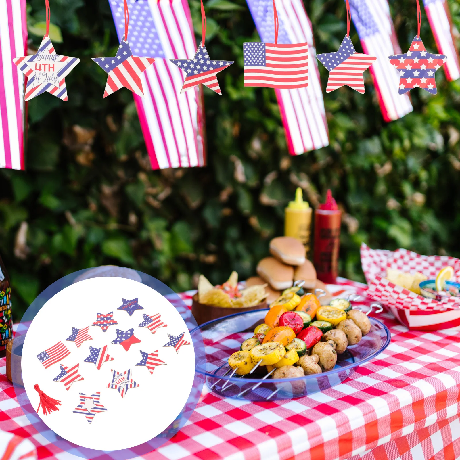 

24Pcs Wooden Independence Day Festival Hanging Pendant Star Shape Classic Decor Reusable for Holiday Party