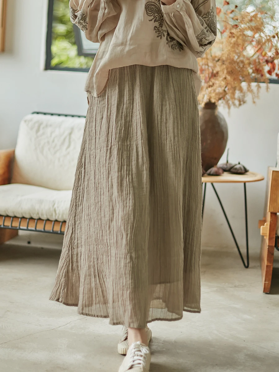 

Повседневная художественная юбка А-силуэта свободного кроя из льна с плиссированной текстурой, стройнящая, длинная, для женщин, весна-лето