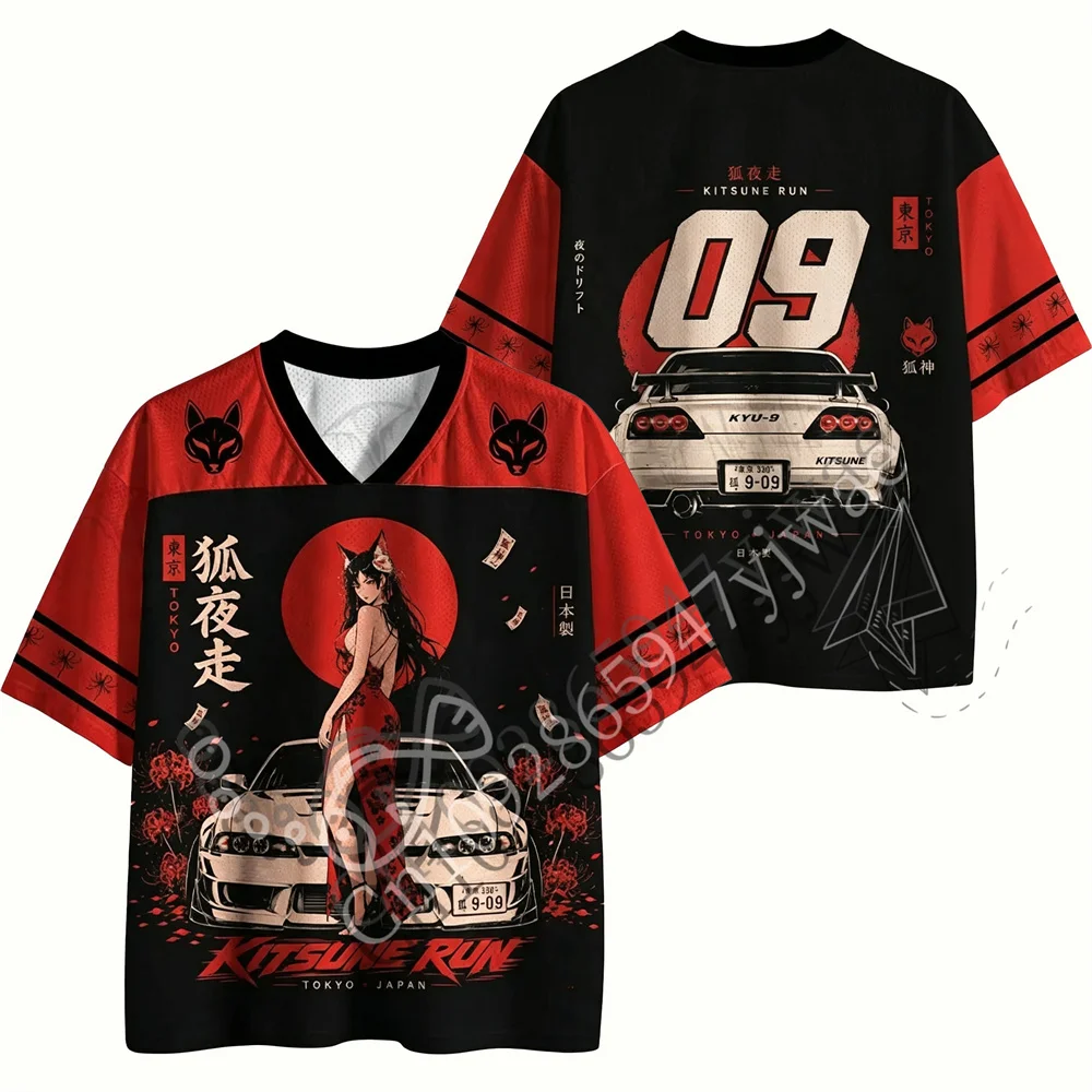Kitsune Runner Motorrad-Style Jersey Japanische Kultur Shirt V-Ausschnitt Mode Y2K Top Retro Punk T-Shirt Sommer Herren Damen T-Shirt – Detail 5