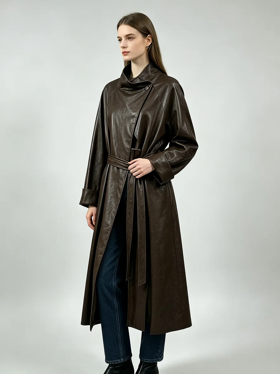 PUAL Women Faux Leather Long Trench Coat Stand Collar Belted Waist Lapel Overcoat Vintage Fit Autumn Winter Outerwear