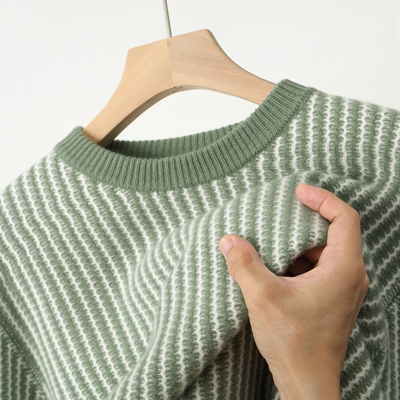 

Autumn and winter new 100% pure wool knitted men's round neck pullover casual loose knitted checkered pullover shirt