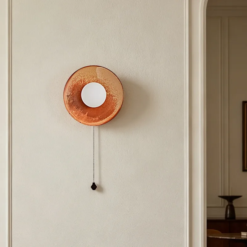 Mid Ancient Style Caramel Colored Ceramic Wall Lamps Wabi Sabi Style Circular Atmosphere LED Wall Lights Staircase Bedroom Foyer