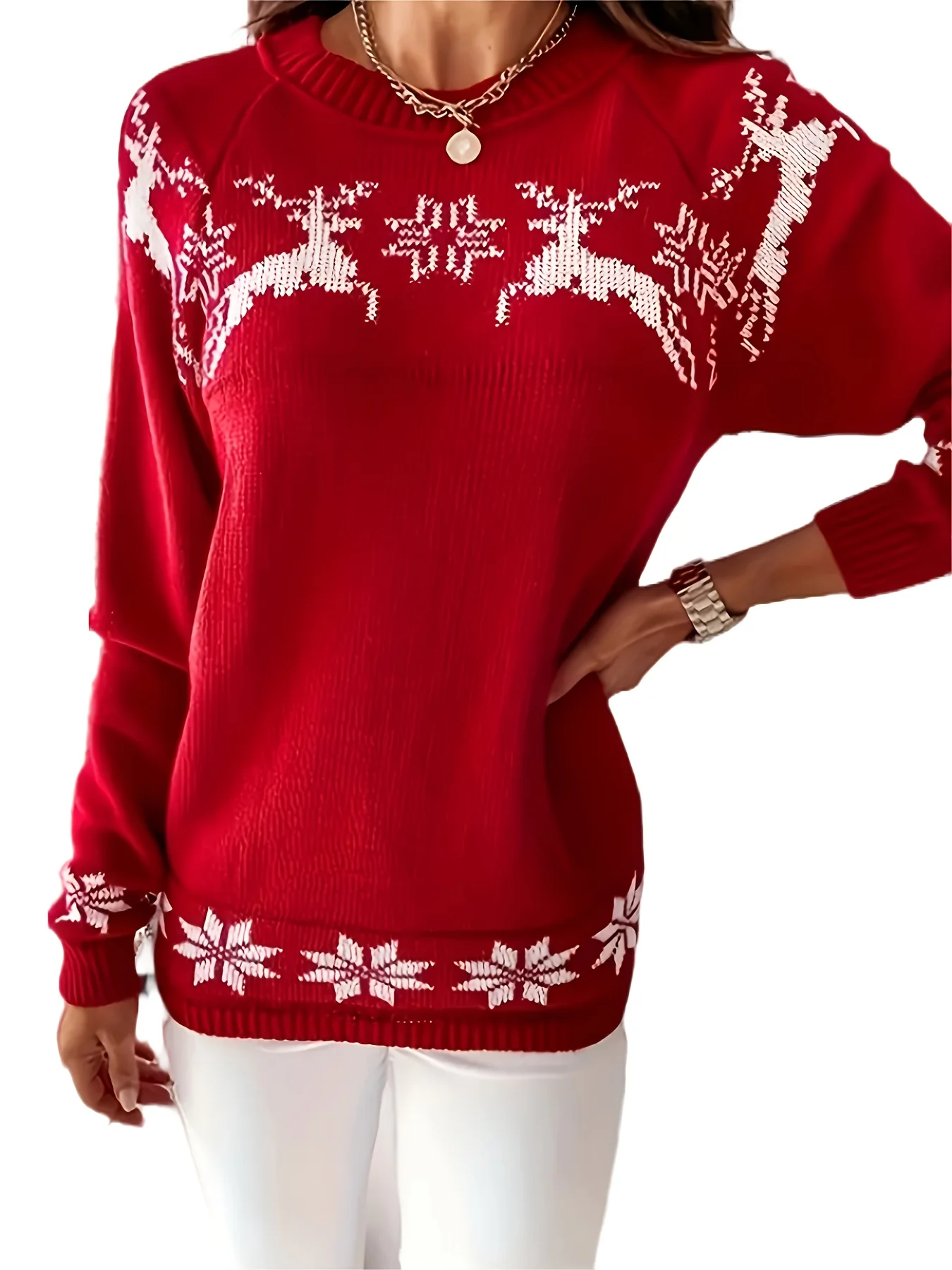 Autumn and winter comfortable Christmas round-neck pullover sweater, made of soft and slightly elastic polyester knitted fabric, view 3