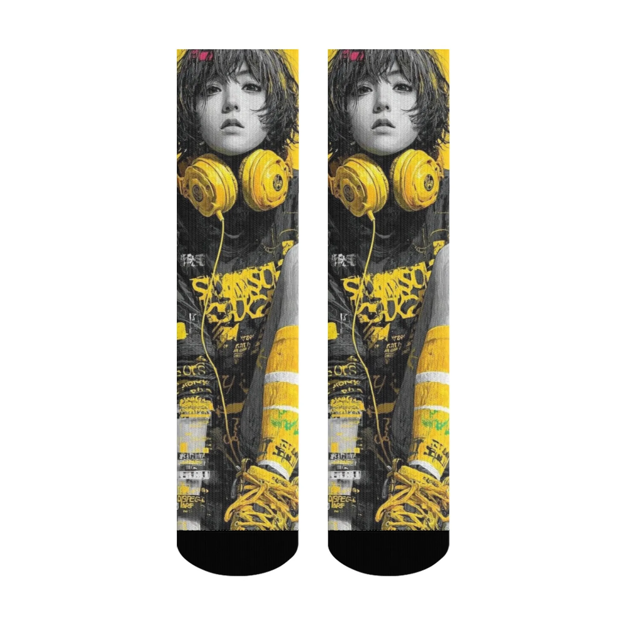 Black Yellow Anime Girl Socks Elastic Non-Slip Breathable Casual Men's Socks Travel Running Socks Streetwear Cool Harajuku Socks