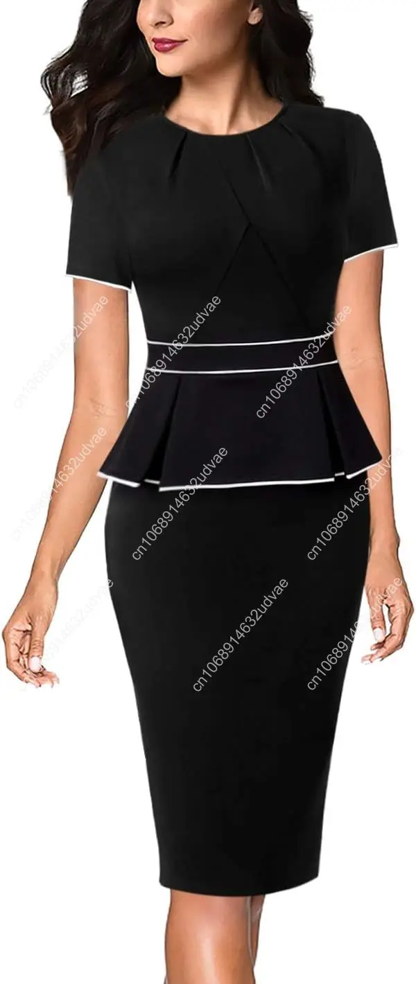 

Womens Pleated Crew Neck Peplum Work Business Office Church Bodycon Pencil Sheath Dress