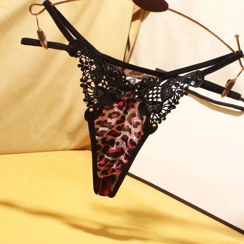 Patchwork Low Waist Leopard-print Underwear Lingerie Ice Silk Lady's Thong Seamless Hollowed-out T-back Briefs Female