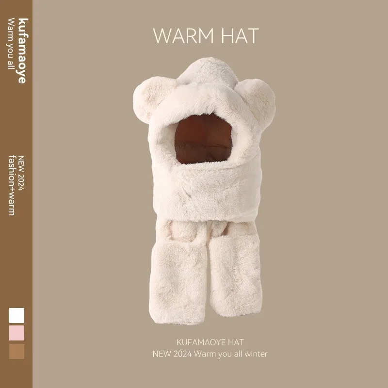 Women Winter Warm Hat Scarf Gloves 3 Piece Set Korean Thick Cute Bear Fleece Neck Warmer