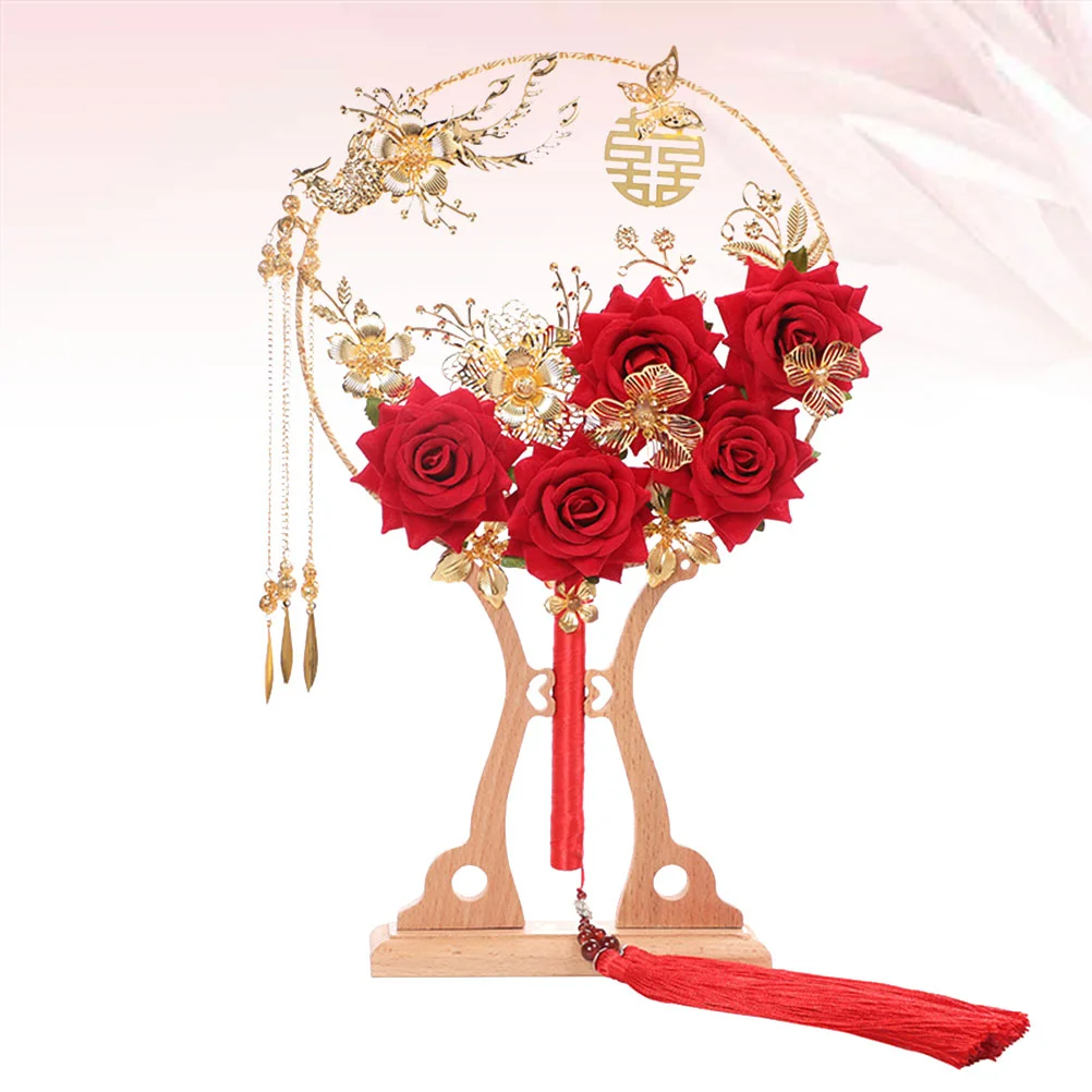 

Delicate Bridal Hand Fan Retro Chinese Style Wedding Hand Fan Simulate Rose Fan Luxurious Alloy Accessary Wedding Gift Box with