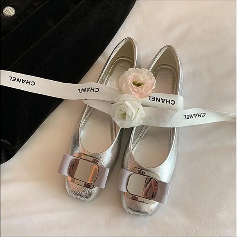 

Size 35-43 Women's Designer Mary Jane Shoes Silver Bowknot Square Toe Flats Low Heel Pumps Lori Girls Slip on Ballet Shoes 58
