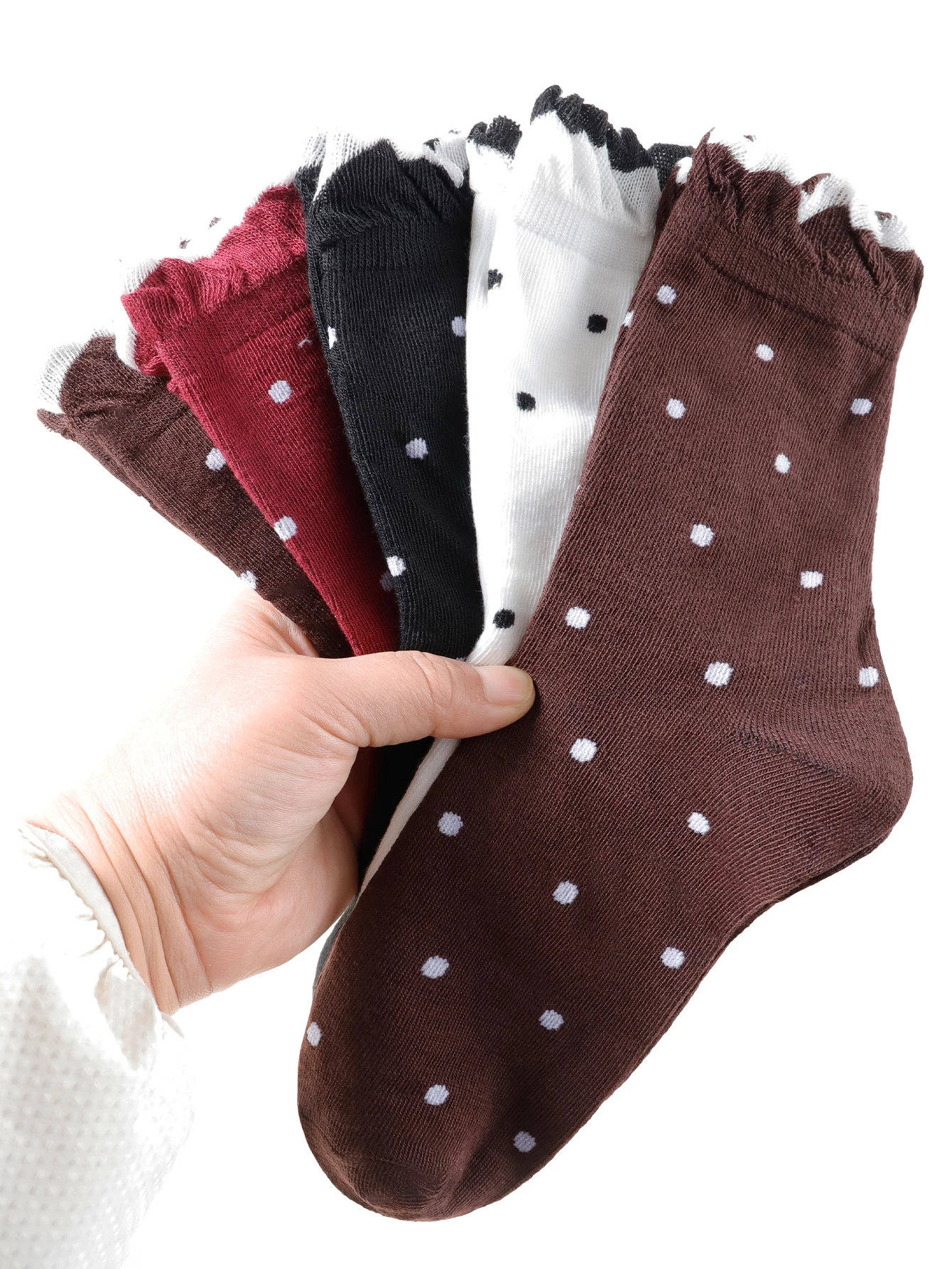 5 Pairs Random Fresh Polka Dot Crew Socks, Comfortable & All-match