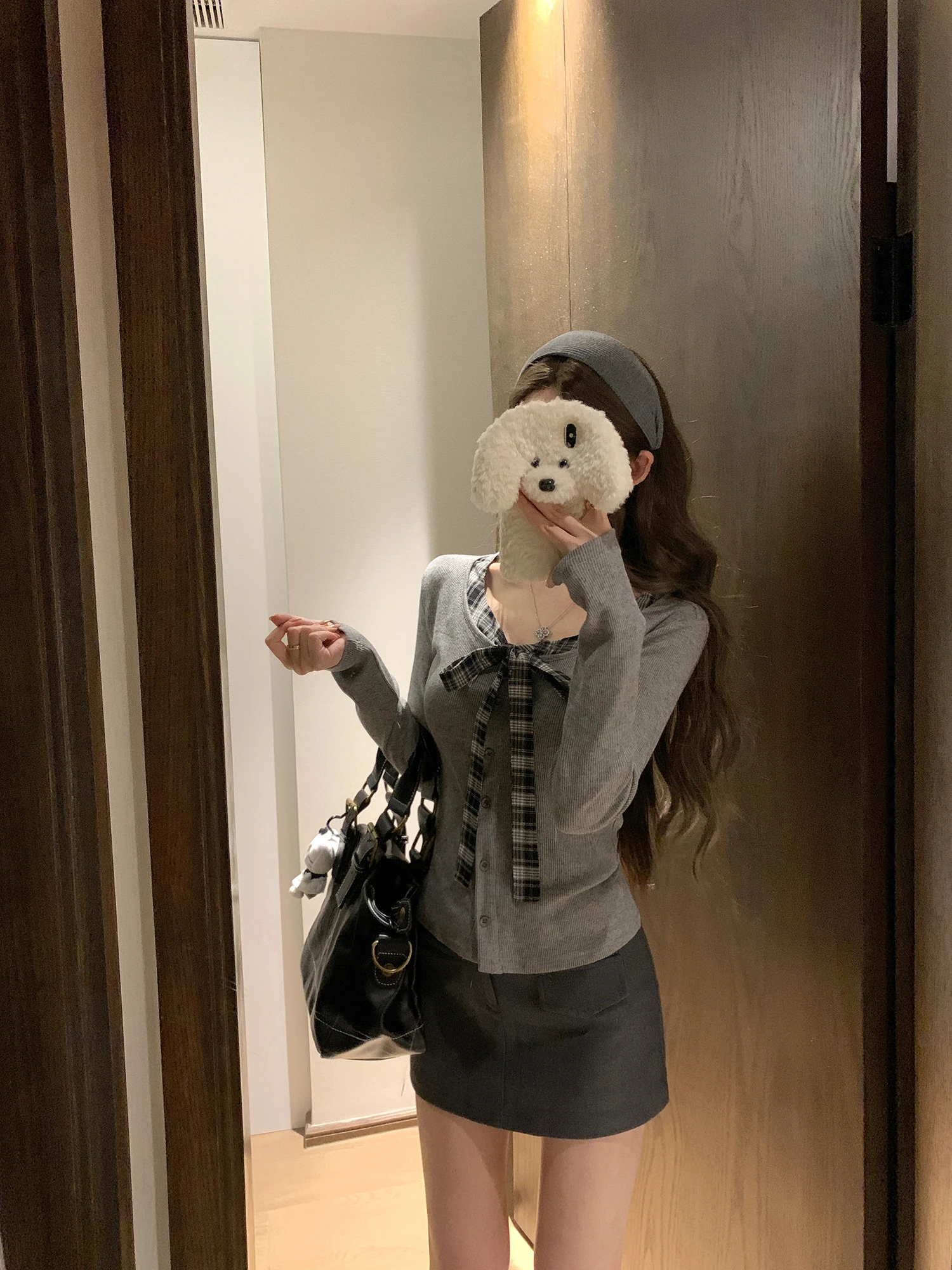 

NAYA CHAN ey клетчатый лоскутный винтажный вязаный женский топ с поясом, осенний новый повседневный длинный винт с v-образным вырезом