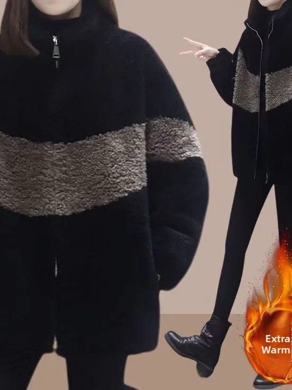 

New Arrival Women's Loose Fit Faux Fur Jaet Casual Sle Long Sve Zipper Closure Thiened Polyester Fiber Coat for Winter