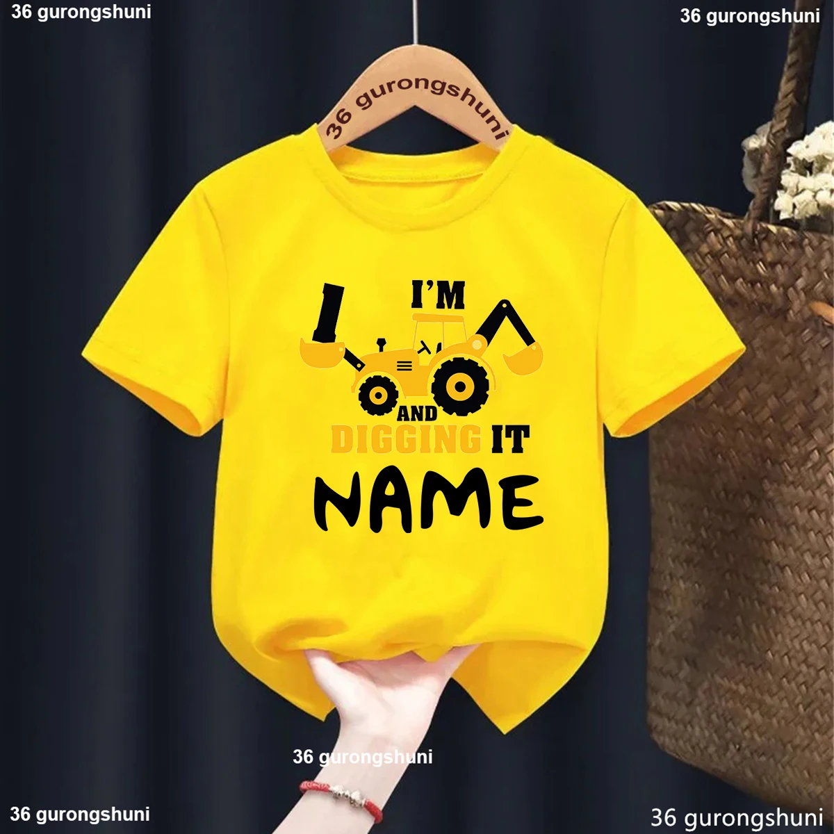 New Kids Cartoon Excavator 1-9 Birthday Number Print T Shirt Children Birthday Name T-Shirts Boy&Girl Funny Gift Tshirt Present