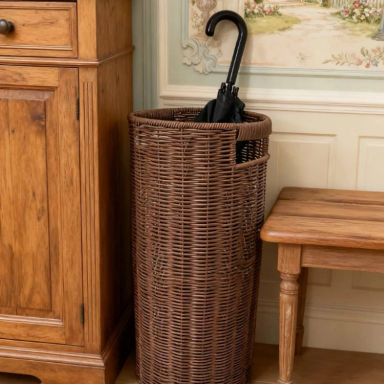 Umbrella Stand Accessible Top Woven Umbrella Basket Wicker Basket Raised Rim Cane Holder Stand Dark Brown