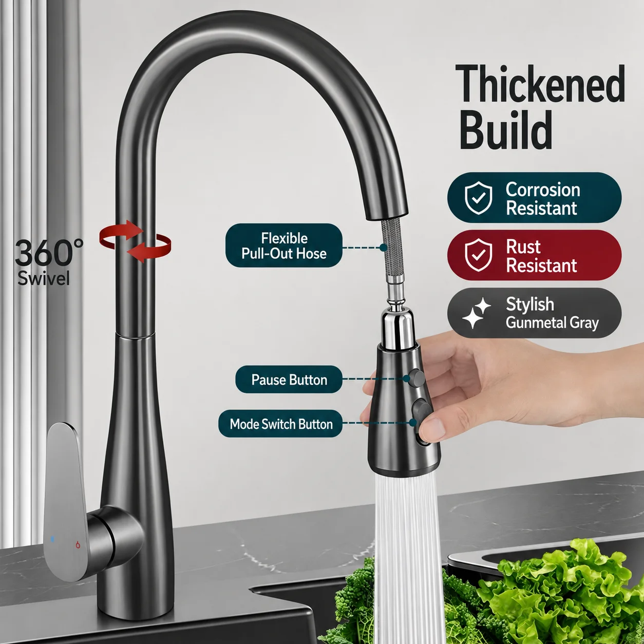 Pull Out Kitchen Faucet 360 Rotation Hot Cold Mixer Tap Dual Spray Modes Stainless Steel Sink Faucet for Kitchen Accessories
