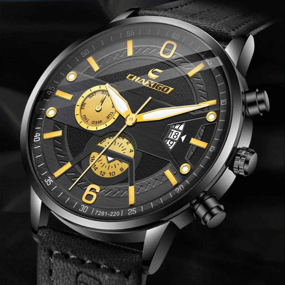 

CHAXIGO 7281, новые модные мужские кварцевые часы с календарем, водостойкий повседневный кожаный ремешок, хит продаж, часы для мужчин Reloj