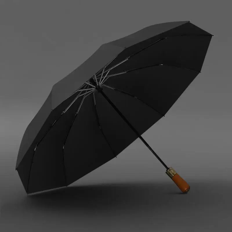 10 Ribs Fully Automatic Folding Umbrella Wooden Handle Large UV Protection Rain Sun Umbrella for Men Women