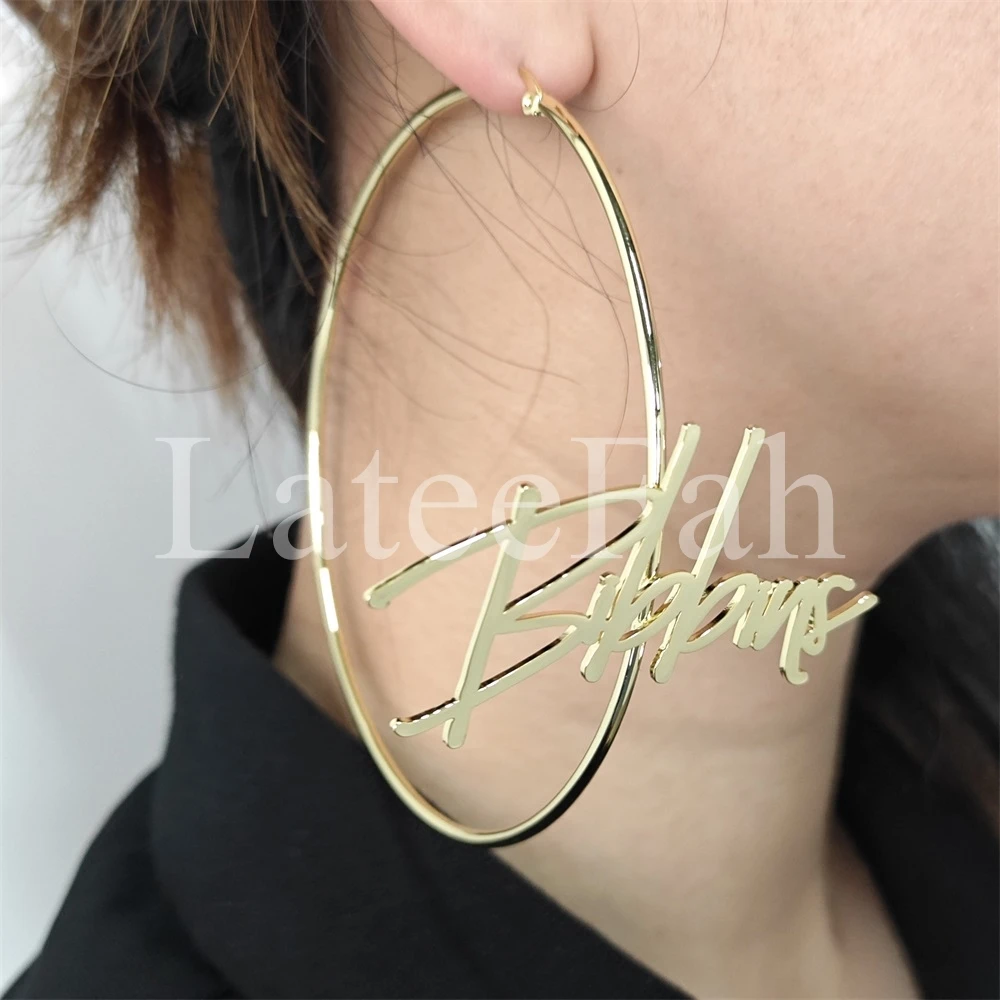 

Lateefah Exaggerated Custom Font Name Earrings Stainless Steel Gold Personalized Customization Jewelry Gift Big Hoop Earrings