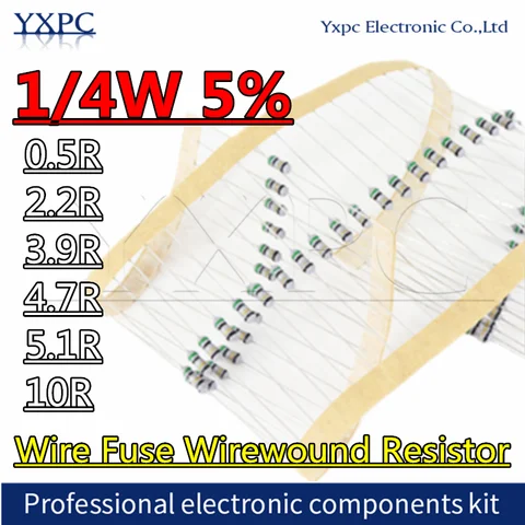 100pcs 1/4W 5% Wire Fuse Wirewound Resistor 0.5R 2.2R 3.9R 4.7R 5.1R 10R winding resistance