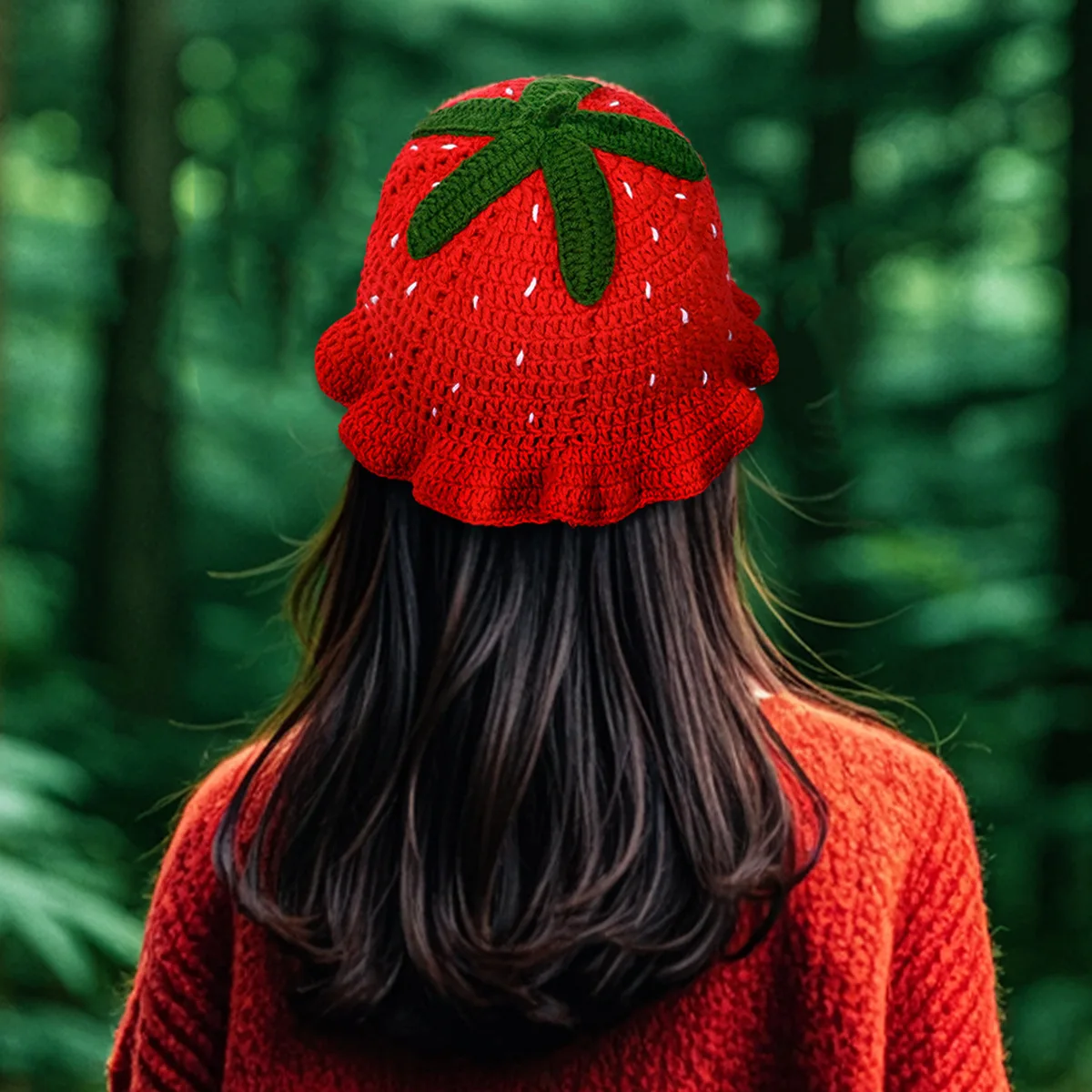 

Autumn Handemade Crochet Red Strawberry Bucket Hat For Women Girls Sweet Cute Ruffle Fisherman Cap Warm Winter Gorro Hats Gift