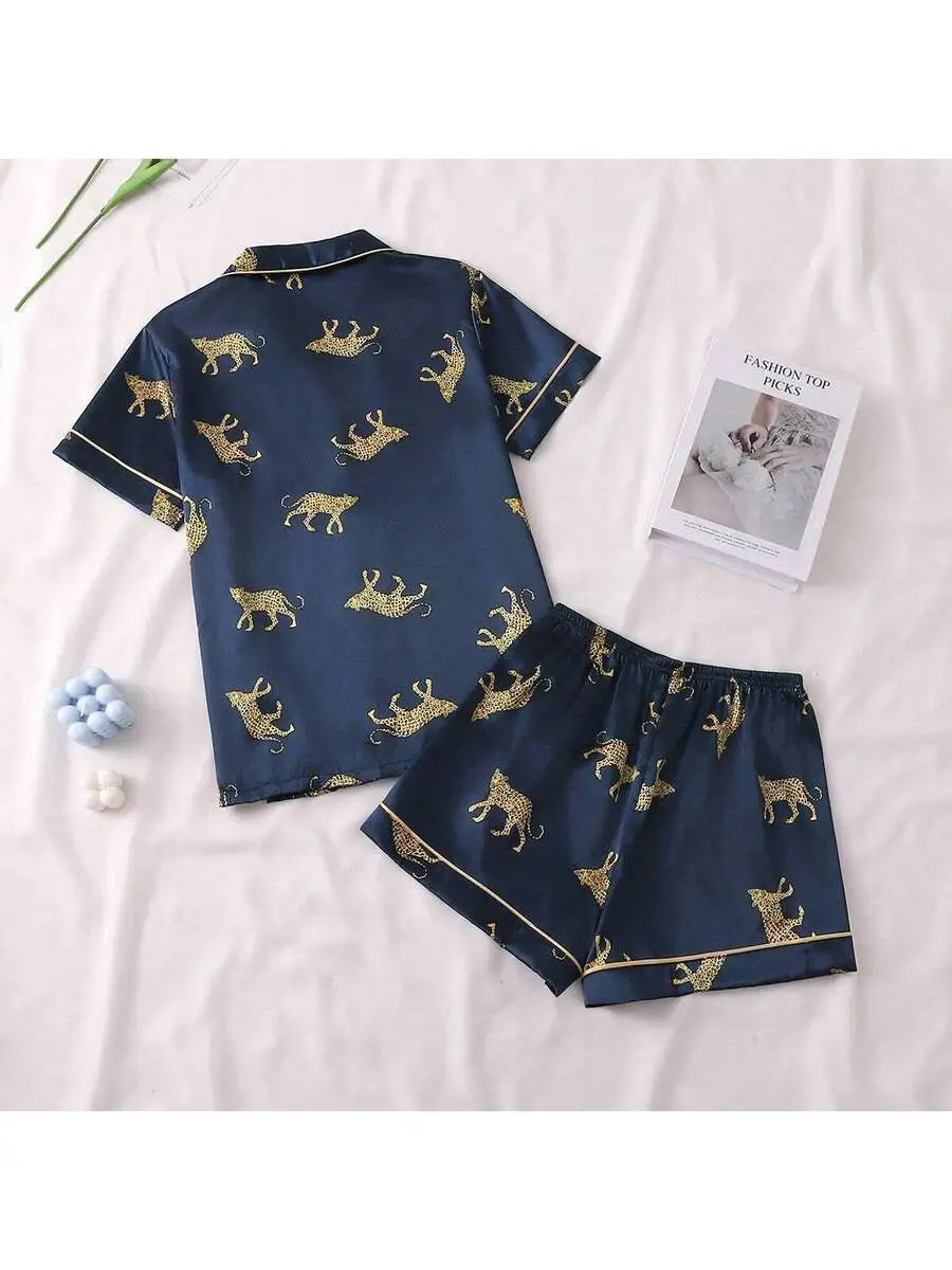 

Satin Blue Leopard Print Pajama Set Women Short Sleeve Stand Collar Top And Shorts