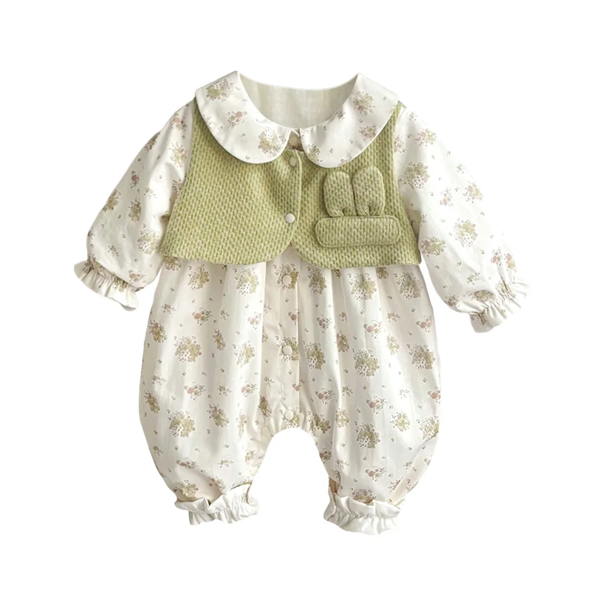 春のファションベビー服 花柄プリント リルアウトフィット 女の子向け 新着 キュートな結び目付きロングスリーブコットンスーツ