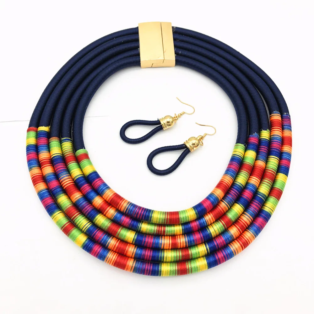 African Multilayer Rope Magnetism Button Boho Jewelry Choker Necklace Earrings Women Bib Collar Statement Necklace Jewelry Sets