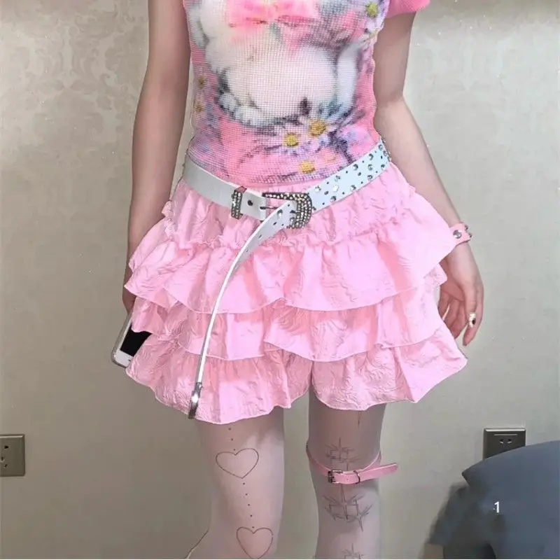 

Onalippa 2025 Millennium Y2K Pink Spicy Short Girl Dopamine Versatile Cake Three-dimensional Wrinkled White Fluffy Skirt
