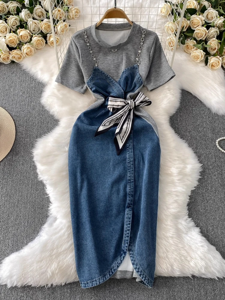 

Fashion Vintage Denim Dresses Fake Two Piece Patchwork Lace-up Design Dress Summer O Neck Female Slim 2025 New Women's Clothing