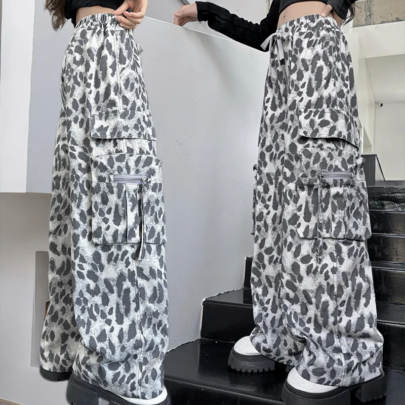 

New Design Kids Child Autumn Fashion Leopard Print Cotton Cargo Pants with Pocket for Tweens Girls High Street Straight Trousers