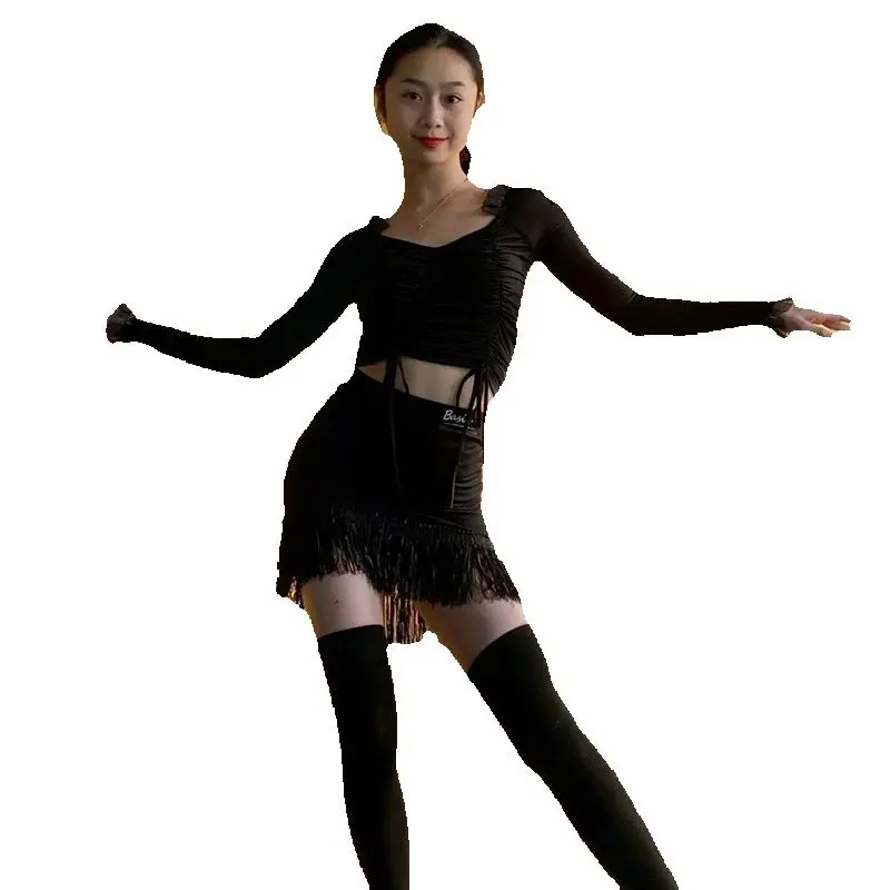 สตรีเต้นรําละตินการแข่งขันเครื่องแต่งกายเซ็กซี่ตาข่ายละติน Top Fringed กระโปรงผู้ใหญ่เต้นรําละตินเสื้อผ้าการฝึกอบรมชุด SL13212
