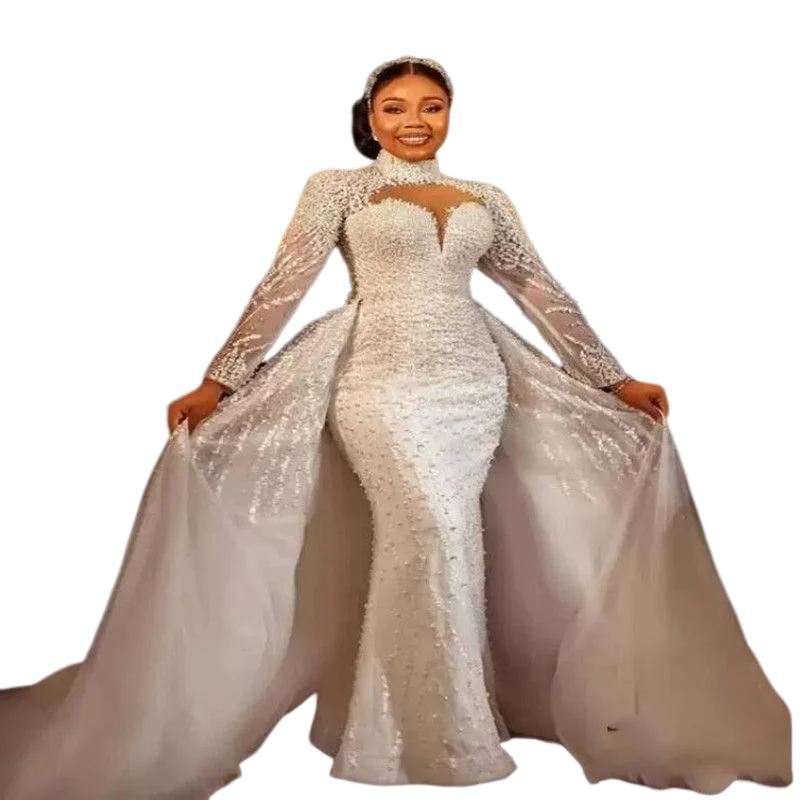 

Charming High Neck Hollow Chest Mermaid Wedding Dresses with Detachable Train Appliques Pearls Long Sleeves African Bridal Gowns